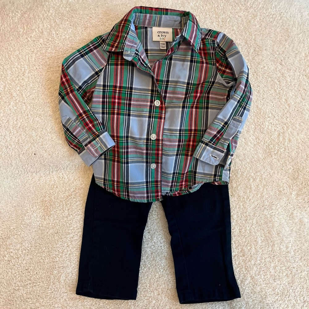 Crown & Ivy Plaid Collard Shirt and Navy Slacks